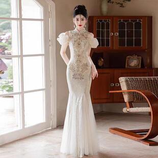 轻奢新中式重工亮片鱼尾长款晚礼服 年会 宴会 演出 主持 艺考