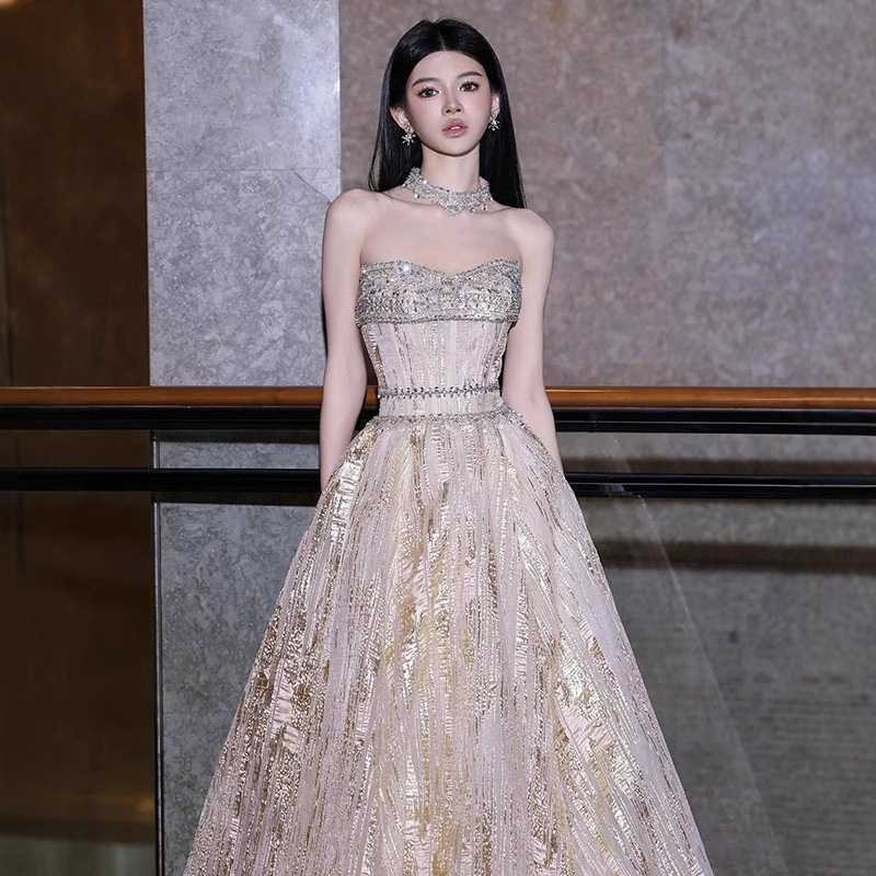 轻奢小众钻饰抹胸亮片长款晚礼服裙 年会 宴会 主持 艺考 演出