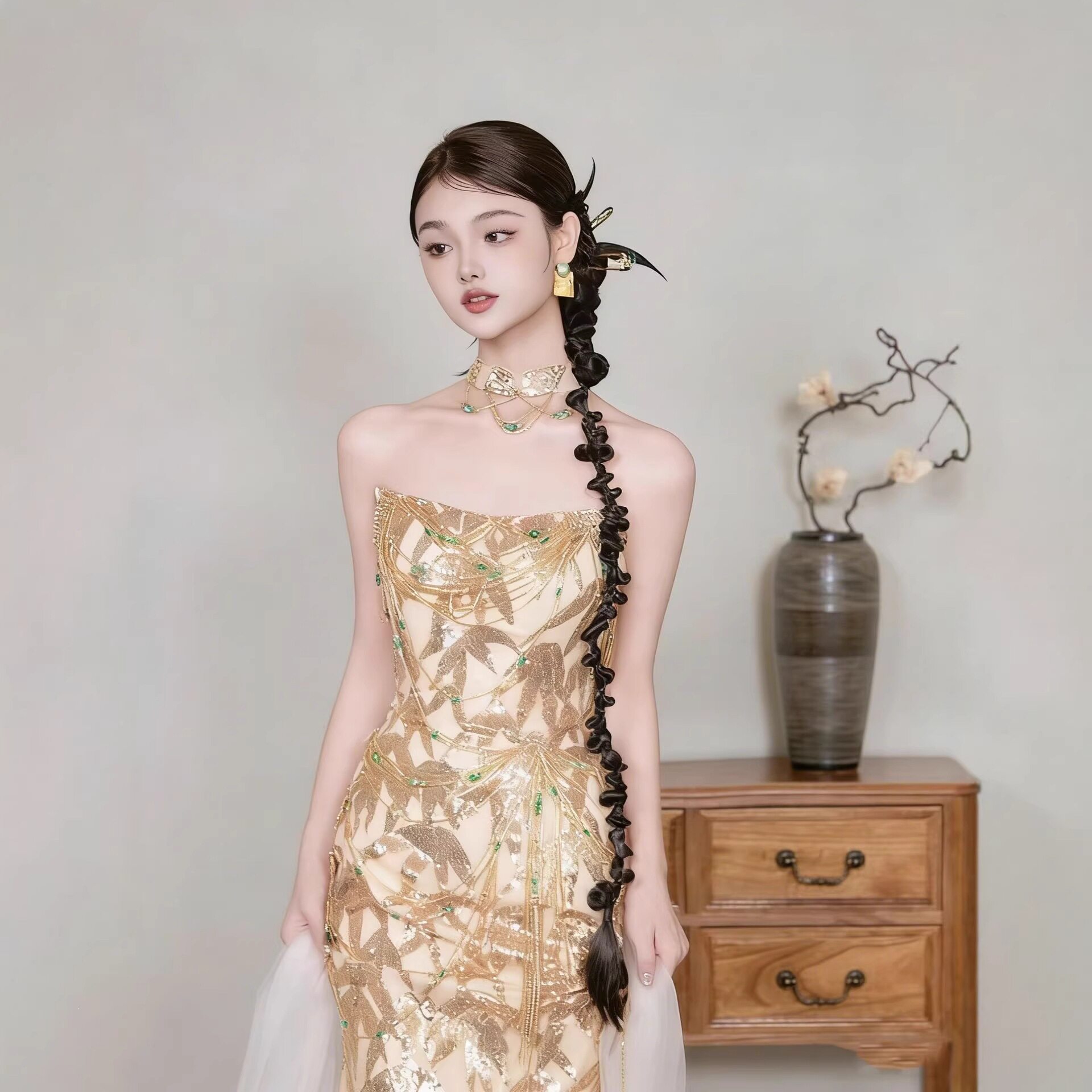 金色亮片长款礼服新娘订婚敬酒服