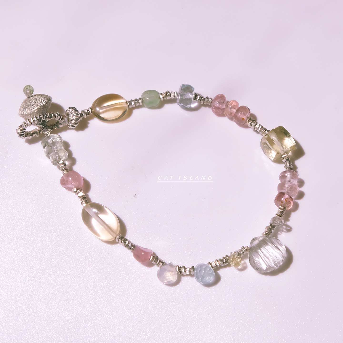 一条毕业 马卡龙粉色系S925纯银碎银子多宝碧玺黄水晶贝壳手链