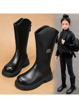 KFT脚王女童靴子秋季2025新款儿童时尚长筒靴女孩高筒皮靴大童黑