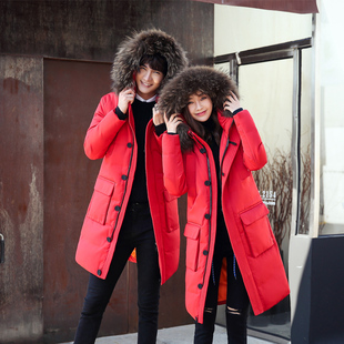 情侣羽绒服男女冬季外套青年韩版白鸭绒中长款大码大红色东北棉服