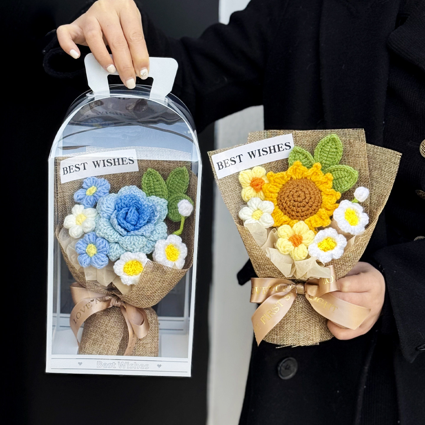 创意母亲节生日礼物针织向日葵玫瑰毛线花礼盒摆件送妈妈朋友花束