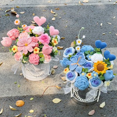 创意母亲节针织花混搭玫瑰郁金香仿真花抱抱桶送闺蜜妈妈生日礼物