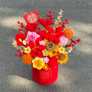 新年订婚结婚针织仿真玫瑰花束喜桶高级感送新人礼盒装饰摆件礼物