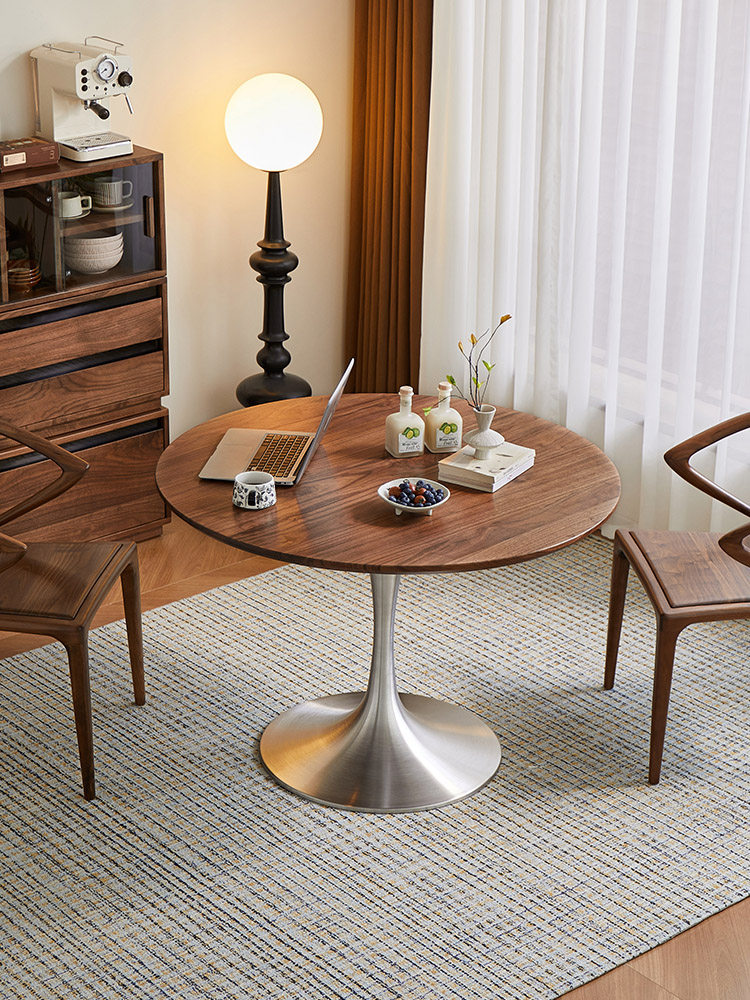 北美黑胡桃小圆桌覆古实木郁金香圆桌小公寓不锈钢轻豪华圆形餐桌