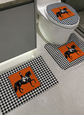 千鸟格轻奢风橙色马桶坐垫盖套U型垫 卫浴厕所3件套地垫防滑脚垫