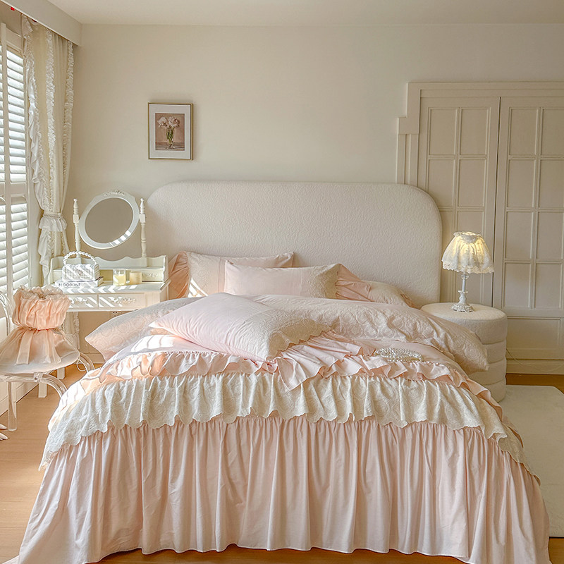 粉色法式全棉床上四件套公主风纯棉褶皱花边被套高级感床单床笠款