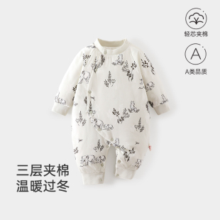秋冬婴儿加厚棉服连体衣蝴蝶衣夹棉新生儿纯棉宝宝中厚哈衣120g