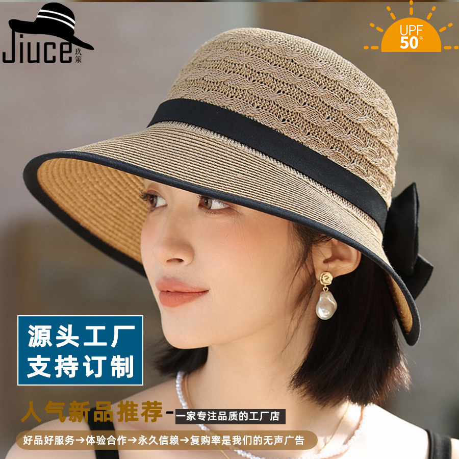日系优雅遮阳草帽织带蝴蝶结渔夫帽子夏季时尚百搭度假大檐防晒