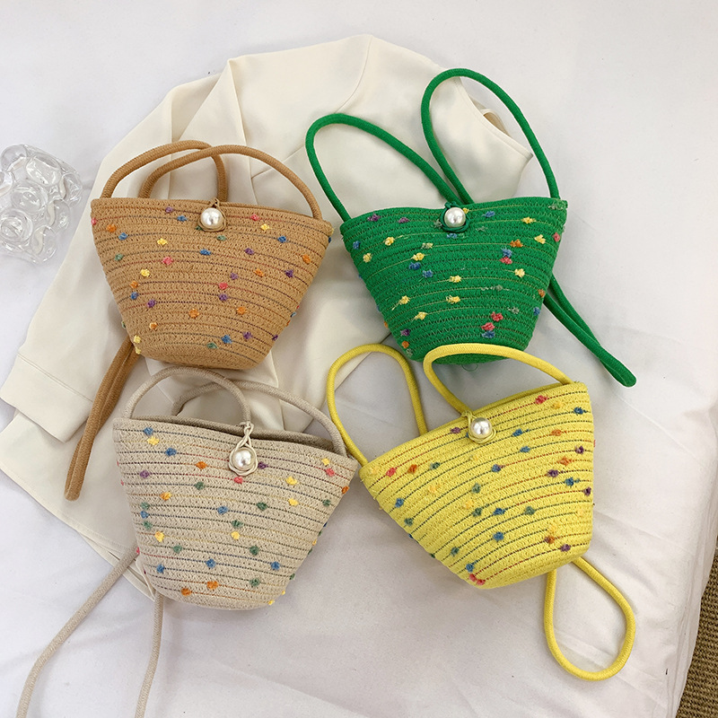 （限时特卖）珍珠饺子包斜跨贝壳草编包棉质编织沙滩包迷你手机包