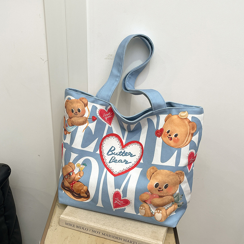 泰国小众Gentlewoman帆布单肩包可爱小熊大容量托特包涂鸦印花包