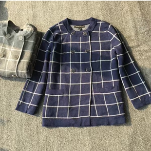 外贸高品质  春秋款圆领双排扣针织开衫女七八分袖格子外套