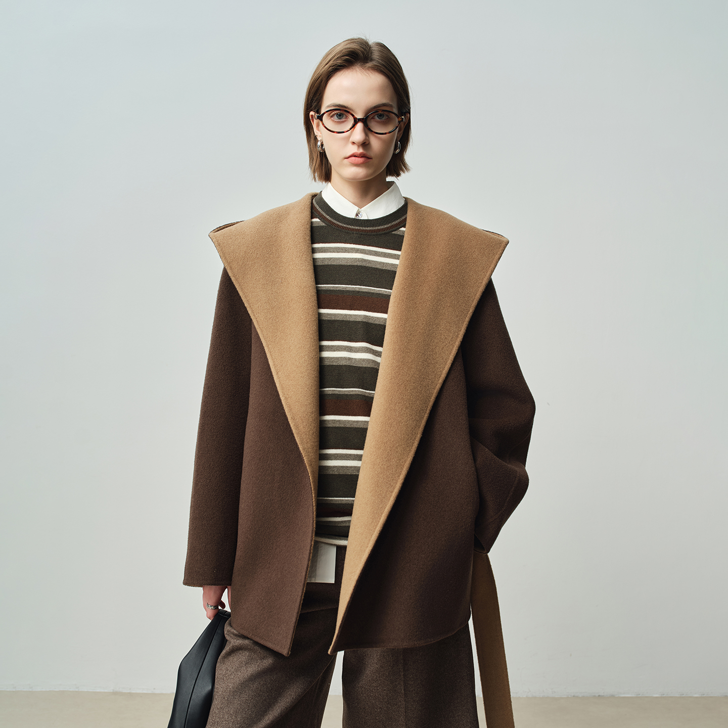 EASE冬新款双面羊绒大衣撞色浴袍