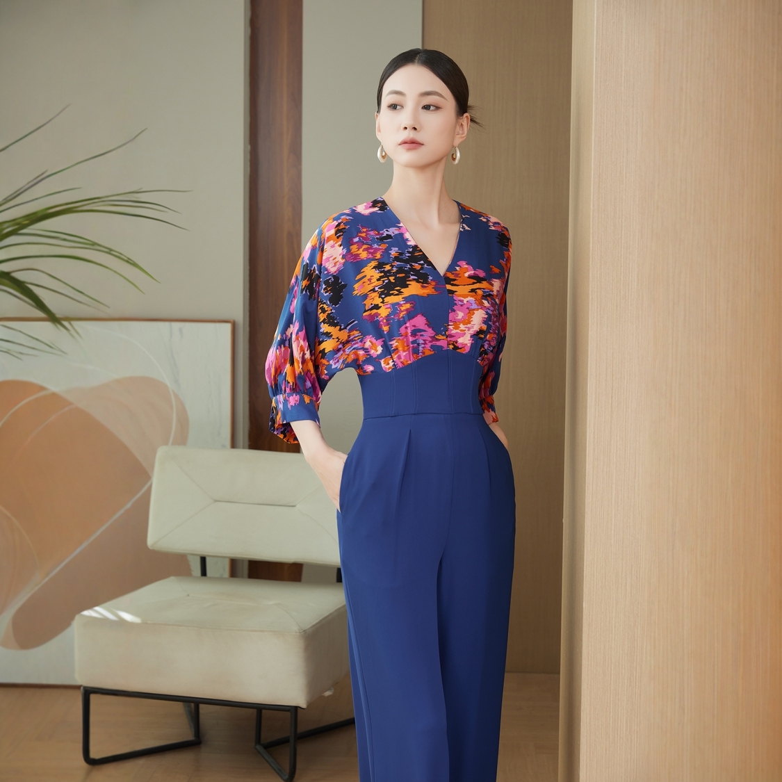 2025新款夏季水彩画拼接七分袖