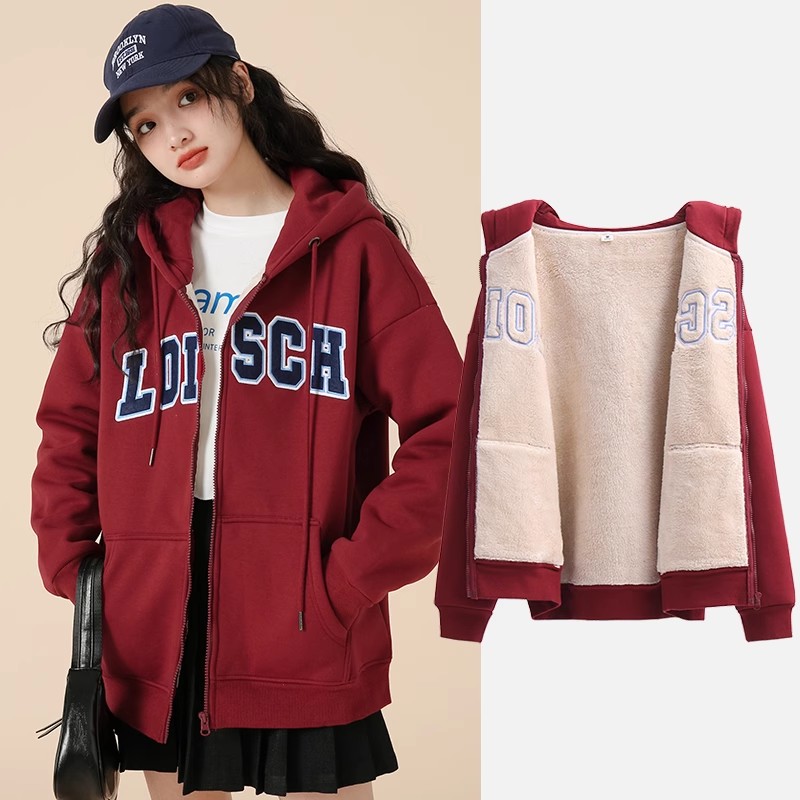 加厚加绒女士外套bf拉链卫衣韩版