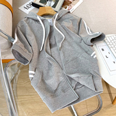 短袖 小众设计感上衣 拉链开衫 半袖 卫衣女2023春夏纯棉运动宽松帽衫