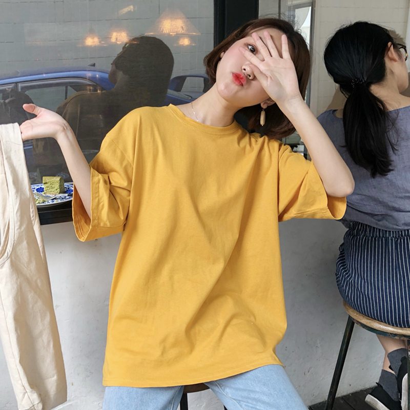 韩版夏季chic风简约宽松纯色 学生百搭糖果色短袖t恤上衣打底衫女
