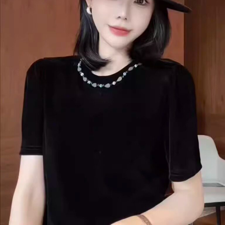 欧货2025秋季新款重工烫钻丝绒T恤女圆领长袖上衣百搭金丝绒打底