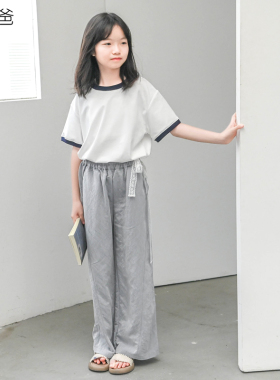 蔡爸爸原创童装时尚灰色阔口裤女童大学生蕾丝腰带长裤夏072+982