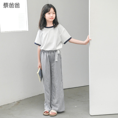 灰色阔口裤女童蕾丝腰带长裤夏