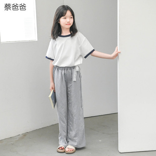 灰色阔口裤女童蕾丝腰带长裤夏