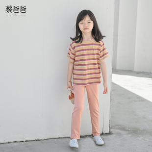 蔡爸爸童装 基础款t恤 文艺夏装 男女儿童t恤 条纹短袖上衣服091