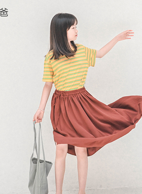 蔡爸爸童装短袖上衣2026新款夏季女孩子大童黄色条纹T恤091+389