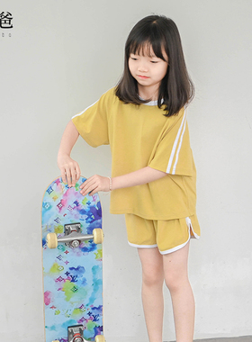 蔡爸爸童装 文艺百搭夏季 黄色洋气套装 男女儿童t恤运动套装726