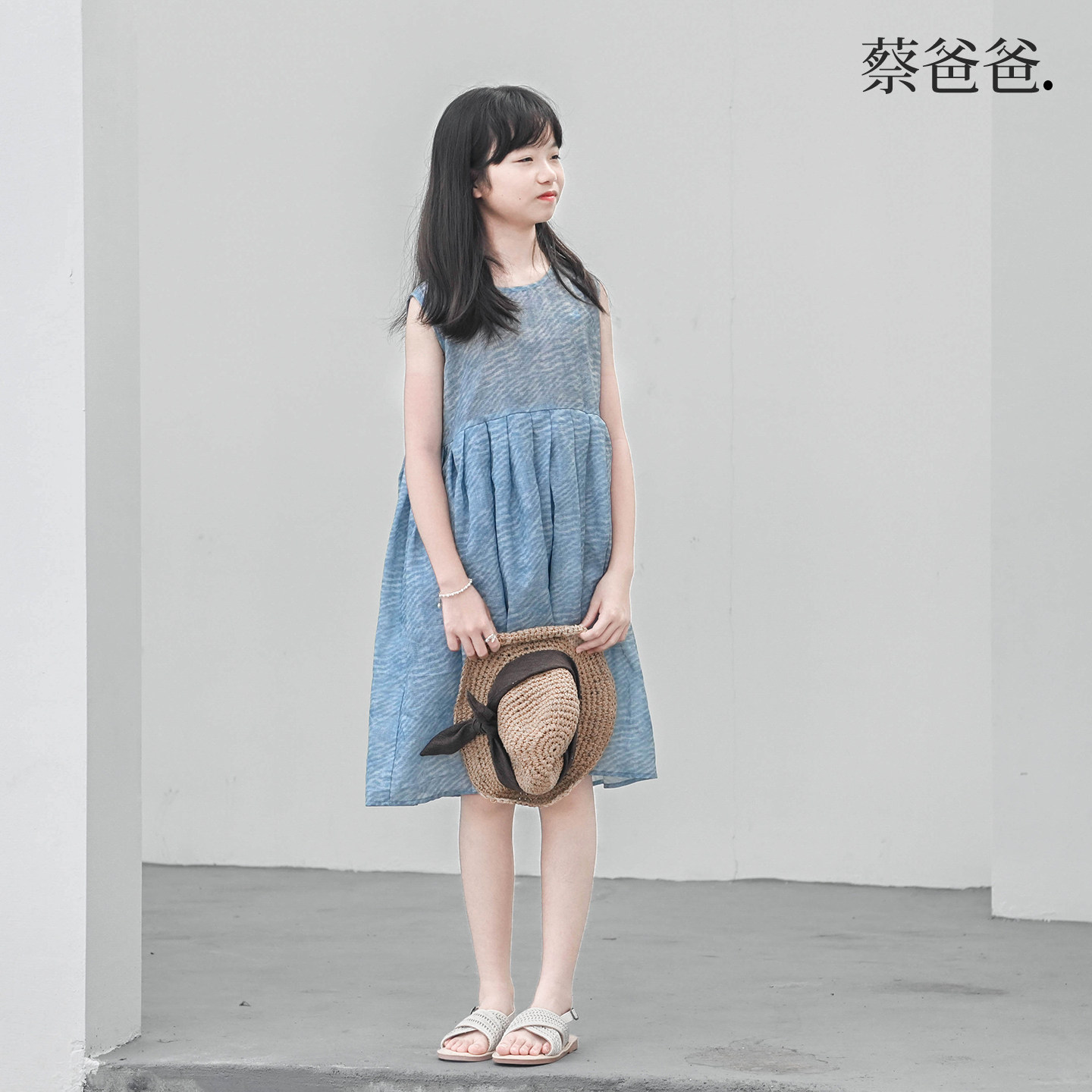 蔡爸爸原创童装圆领蓝色连衣裙新款夏装女孩千金风公主背心裙822