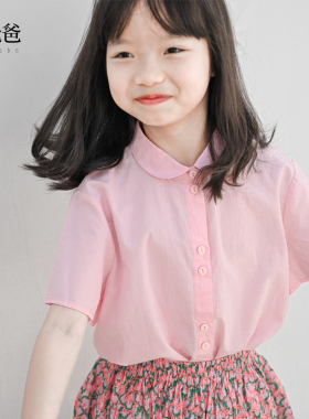蔡爸爸童装2026新款夏季文艺女童全棉娃娃领衬衫 短袖粉红上衣102