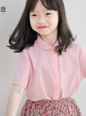 蔡爸爸童装2026新款夏季文艺女童全棉娃娃领衬衫 短袖粉红上衣102