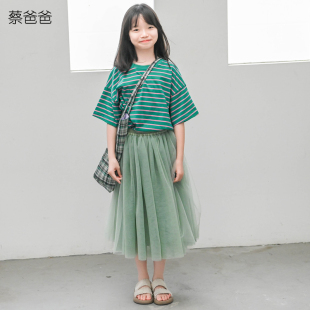 夏装 蔡爸爸童装 短袖 t恤26新款 619 大童少女绿色条纹上衣纱裙569