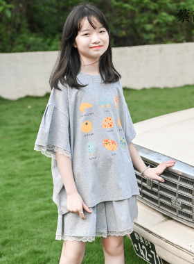蔡爸爸童装新品超好看女大童夏套装灰色宽松短袖短裤套装韩式1266