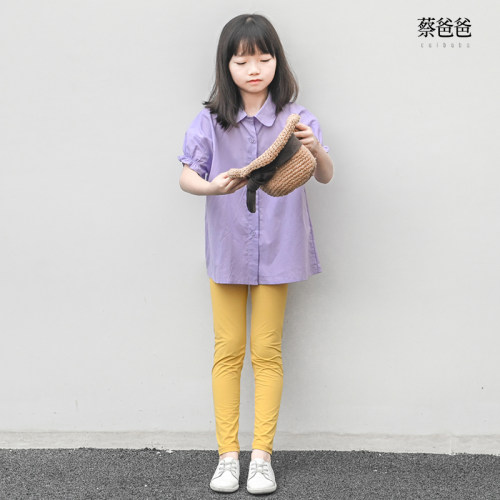 纯棉夏娃娃领紫色短袖衬衫