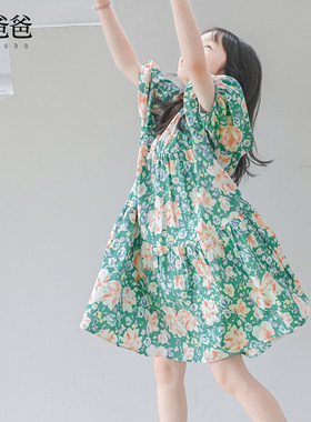 女连衣裙夏纯棉绿色大花童裙