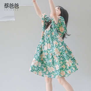 蔡爸爸童装夏装女童短袖连衣裙中童洋气裙子纯棉绿色碎花童裙1287