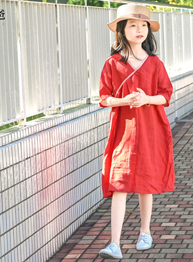 蔡爸爸原创童装2026新款夏装女童文艺连衣裙撞色苎麻 V领红裙678