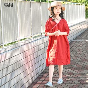 女童文艺连衣裙撞色苎麻 夏装 V领红裙678 2025新款 蔡爸爸原创童装