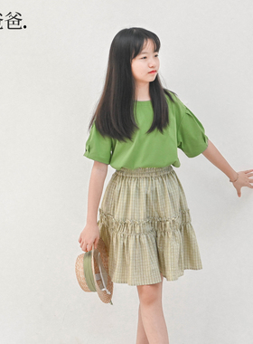 蔡爸爸创意童装小清新夏装中大童少女绿色格子A字半身裙子307+532