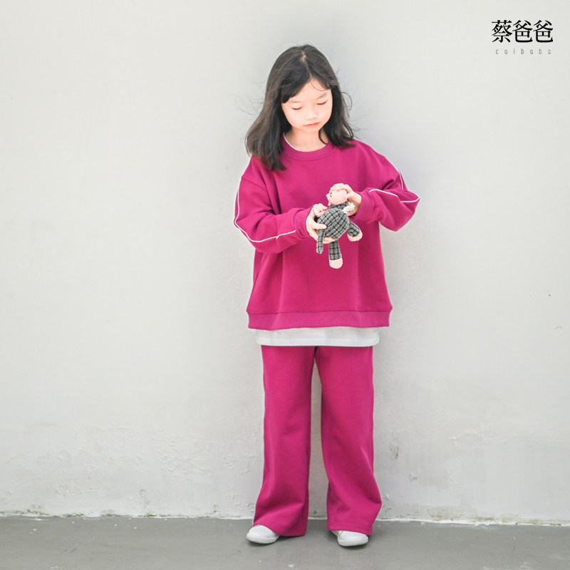 蔡爸爸童装秋冬新款玫红色卫衣宽松套装男女大童加绒卫衣文艺1115