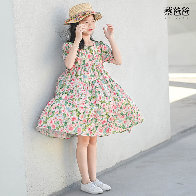 蔡爸爸原创童装公主裙2025新款夏装女大童洋气时髦碎花连衣裙979