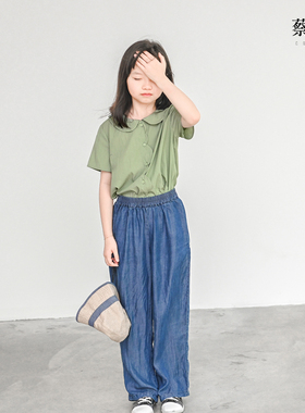 蔡爸爸童装时尚绿色上衣薄款夏装女儿童短袖娃娃领衬衫1309+125