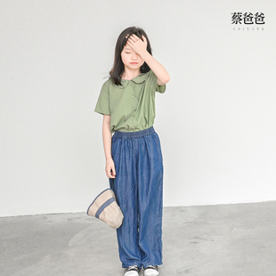 蔡爸爸童装时尚绿色上衣薄款夏装女儿童短袖娃娃领衬衫1309+125