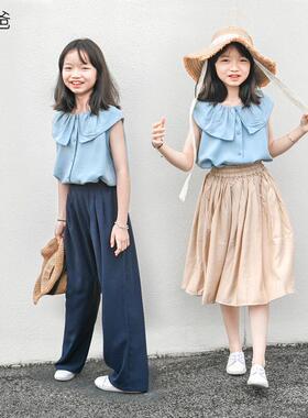 蔡爸爸童装夏装天丝麻衬衫花边领背心上衣 女童亲子装531+935+177