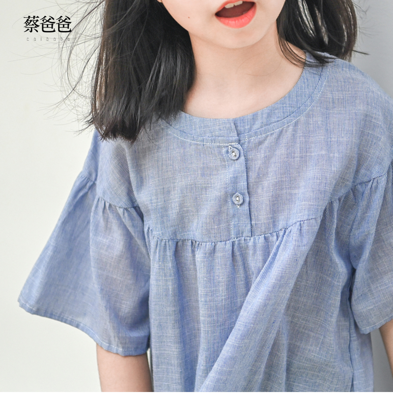 蔡爸爸童装日系夏装女大童时髦蓝色条纹短袖上衣休闲上装137+138