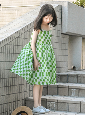 蔡爸爸童装2026夏装田园绿色格子吊带裙女童纯苎麻印花连衣裙853