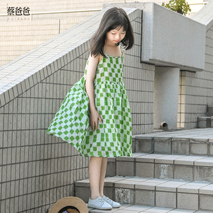 蔡爸爸童装2026夏装田园绿色格子吊带裙女童纯苎麻印花连衣裙853
