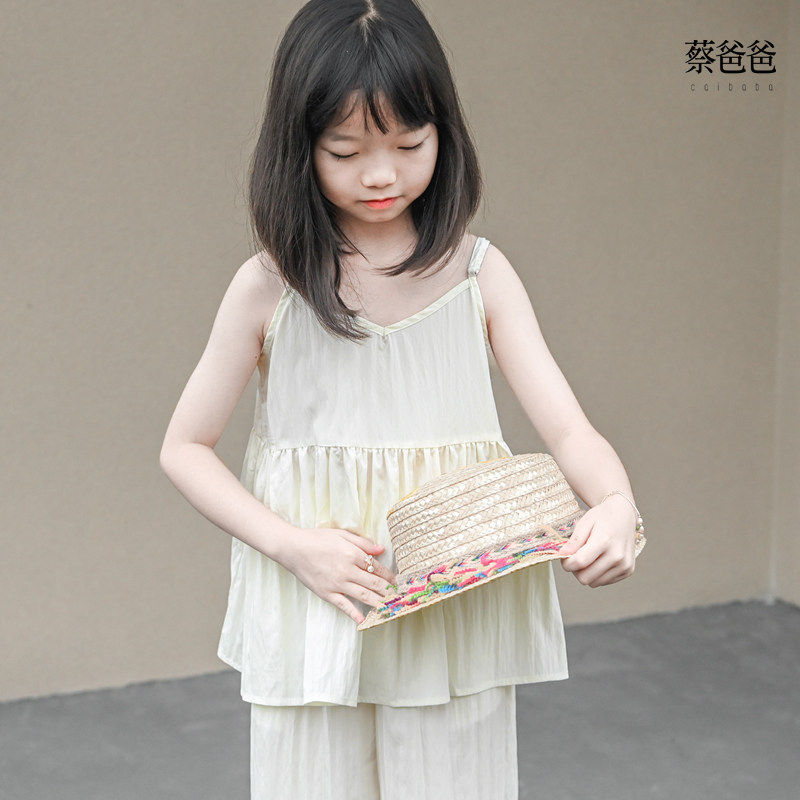 女儿童时尚长裤米白吊带套装
