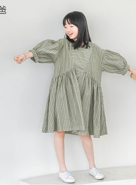 蔡爸爸原创童装 绿色条纹裙子圆领纯棉连衣裙宽松文艺女孩夏装522